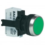 Кнопка плоская, импульсная, 600 В 10 А BACO L21AA02A обод хромированный, кнопка зеленая