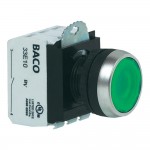 Кнопка с подсветкой плоская 600 В 10 А BACO L21AH20H обод хромированный, кнопка зеленая