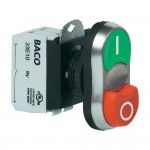 Сдвоенная кнопка, плоская, высокая 600 В 10 А, с адаптером BACO L61QB21A обод хромированный пластик, кнопка зеленая, красная