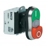 Сдвоенная кнопка с подсветкой, высокая 600 В 10 А BACO L61QK21H обод хромированный пластик, кнопка зеленая, красная